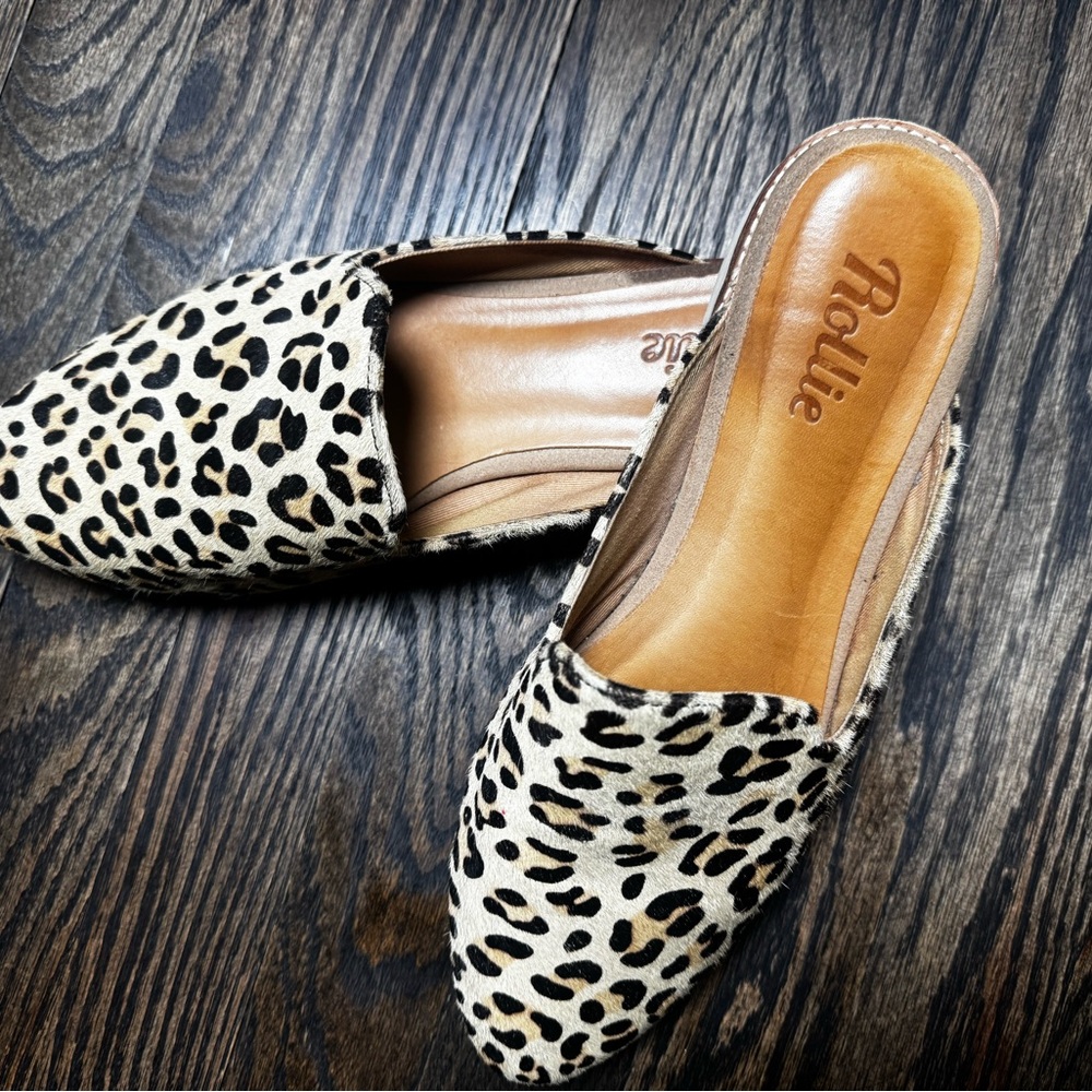 Rollie Leopard Print Slip-On Mules in Natural/Black